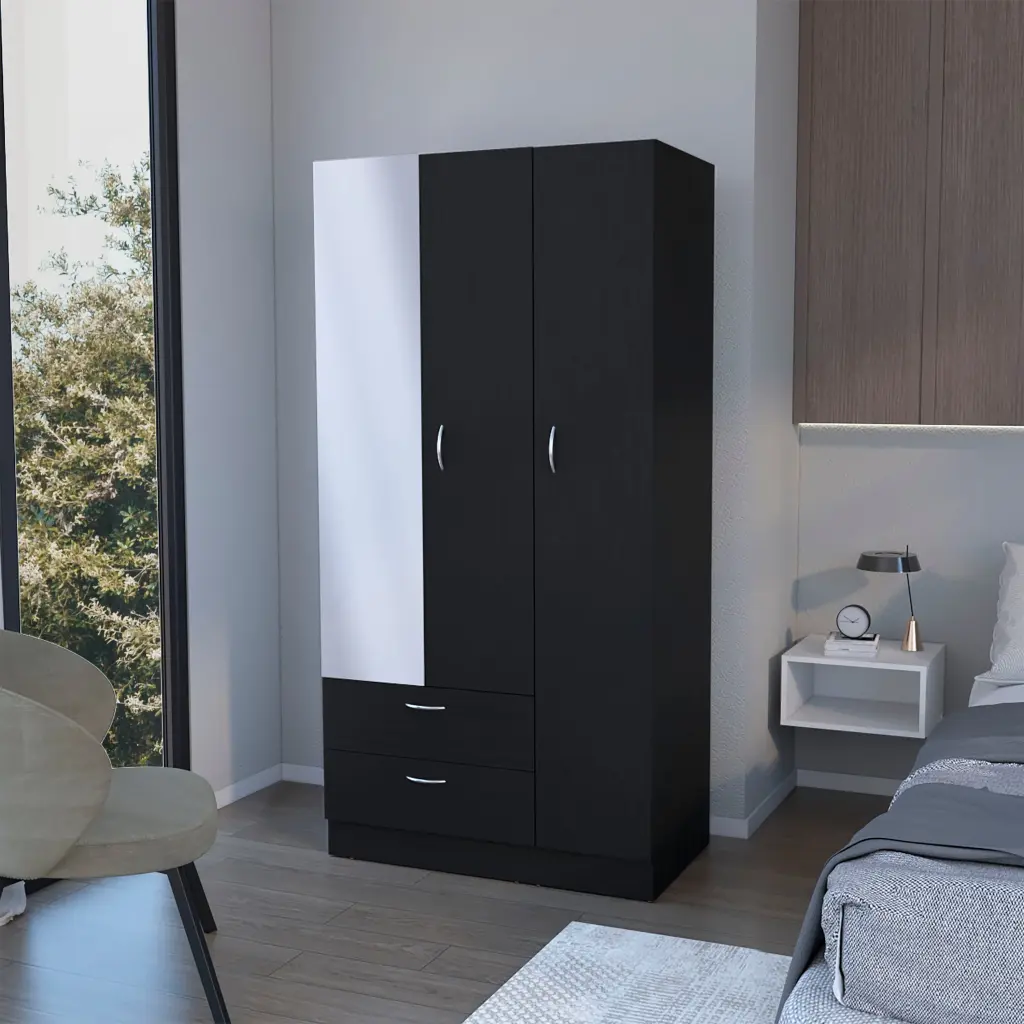 Black 2 Drawer Wardrobe Black Bedroom Wood Storage Cabinet furniture max