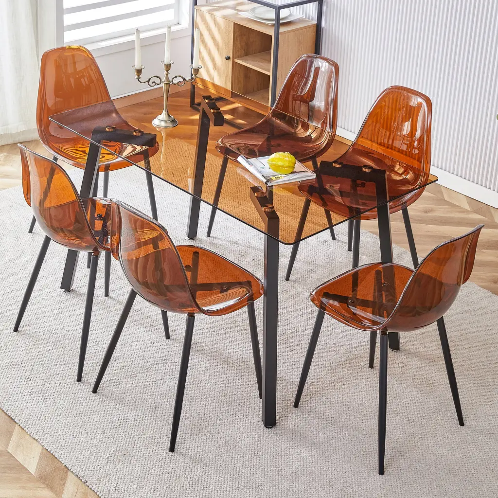 Table and Chair Set Dark Brown Tempered Glass Tabletop Black Metal Legs droom w-1151