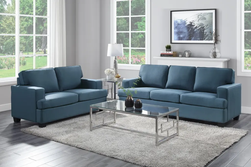 Transitional Style 2Pc Sofa Set Blue Textured Fabric Upholstered Living Room Furniture kanepe