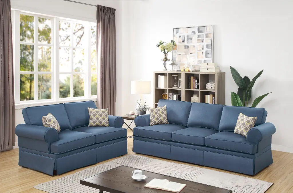 2 Piece Sofa Set Blue Fabric Living Room Couches Modern Design poundex