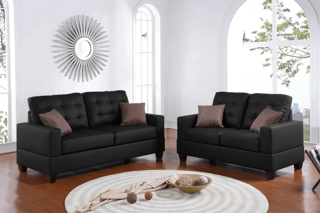 Living Room 2 Piece Sofa Set Black Faux Leather Tufted Sofa Love Seat kanepe