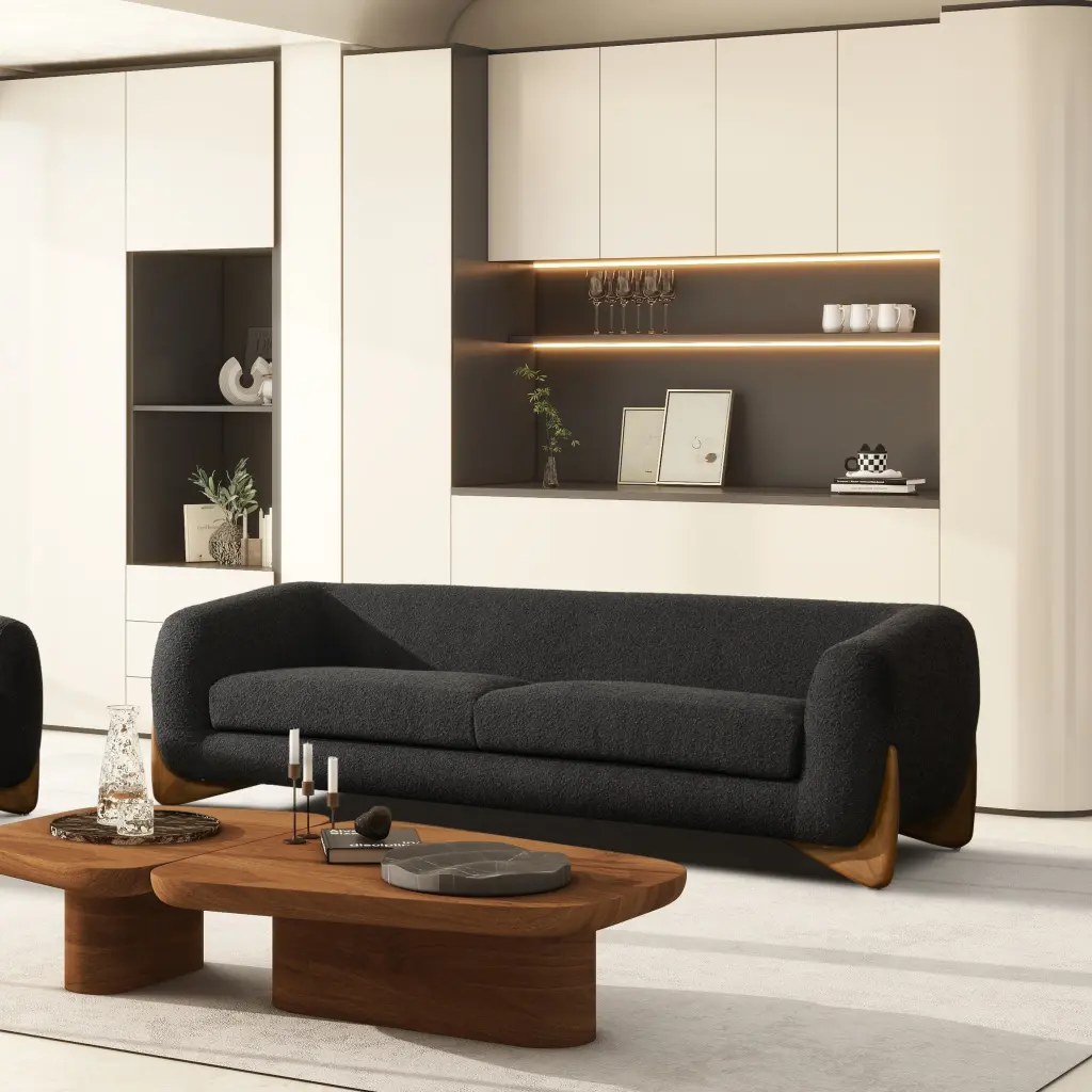 Alpine 90.5 Inch Sherpa Sofa Ebony Black Boucle 2 Seat Modern Living Room Couch jennifer taylor home