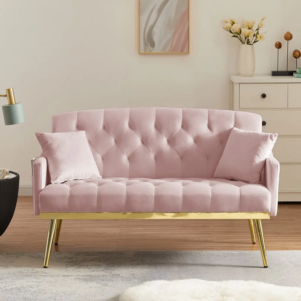 Pink 2 Seater Sofa Tufted Back Velvet Upholstery rnb
