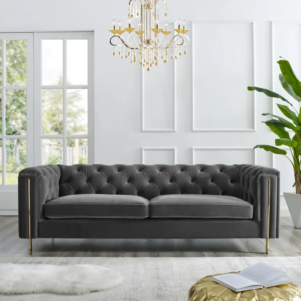 Charlene Velvet Button Tufted Sofa 2 Seater Dark Gray Living Room steve silver furniture