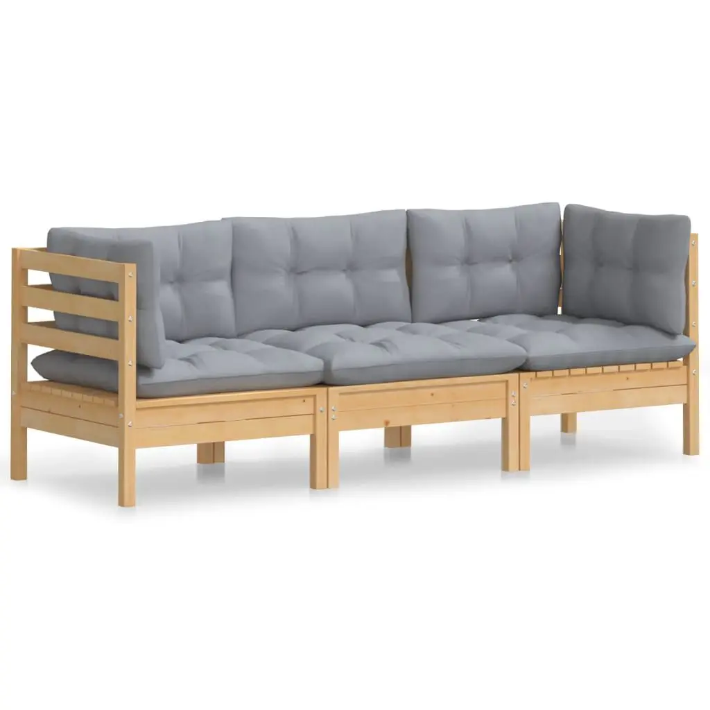 3-Seater Patio Sofa Gray Cushions Solid Pinewood Outdoor Furniture