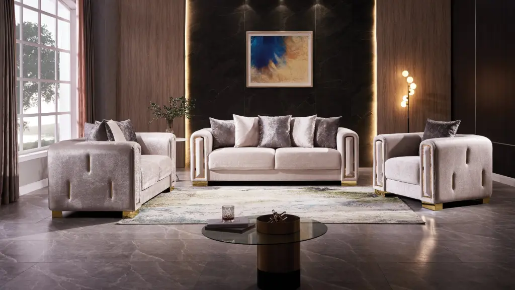 3-Piece Modern Living Room Set Beige Velvet Timber Frame galaxy home furnishings