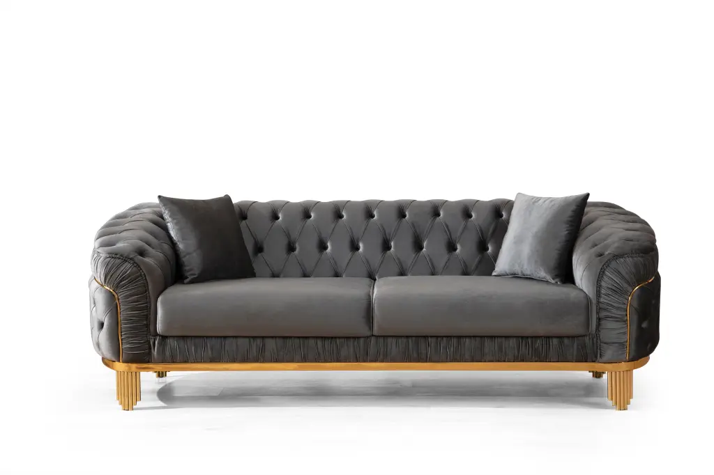 3 Piece Living Room Set Grey Button Tufted Velvet and Precious Metal Accents galaxy home furnishings