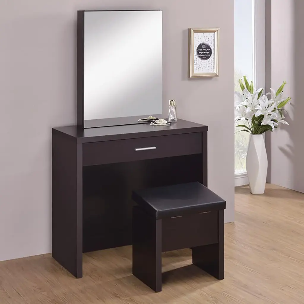 Cappuccino 3 Piece Vanity Set Sliding Mirror Brown Drawer furniture max