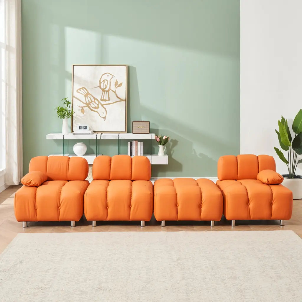 Orange Polyester Blend 3 Seat Sofa Modern Living Room fan chen furniture