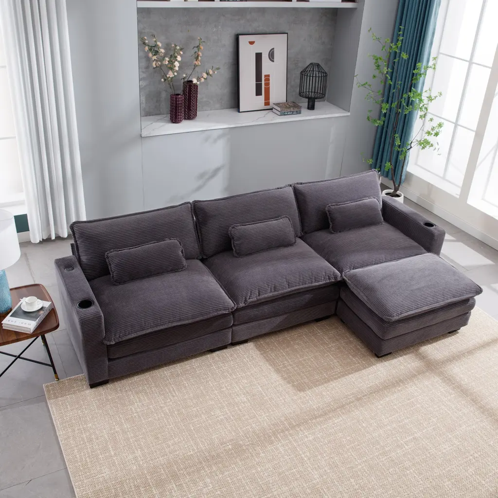 L Influence Sofa Couch USB & Cup Holders Corduroy Stripe Fabric 3 Seater Living Room nan kun