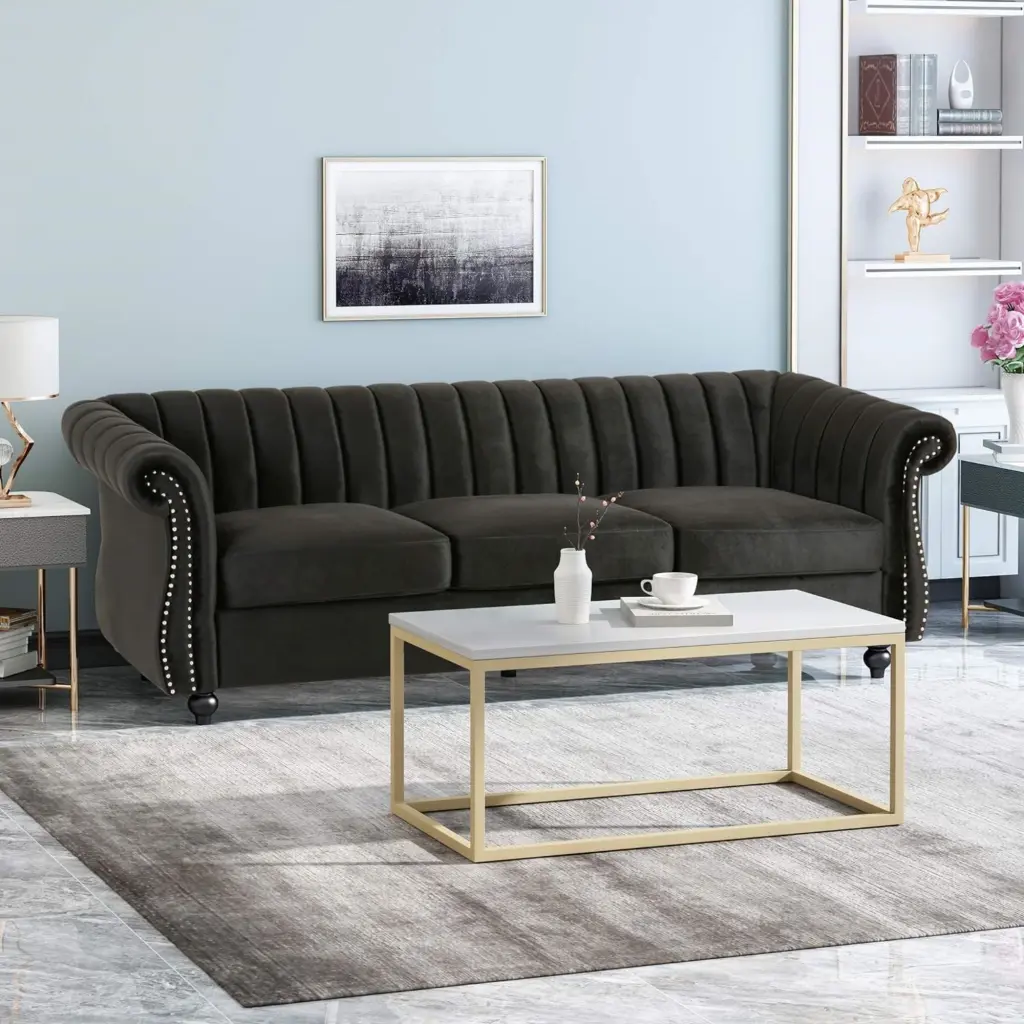 84 Inch Black 3 Seater Velvet Sofa Button Tufted Trim Curved Back nh-echo