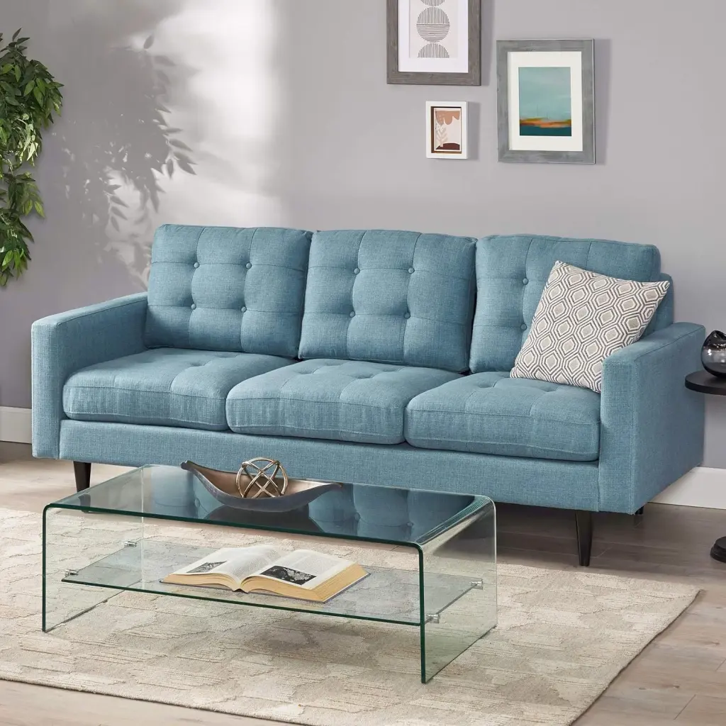 Jenny Contemporary Tufted Material 3 Seater Sofa Blue Material Modern Living Room Couch nh-inmax
