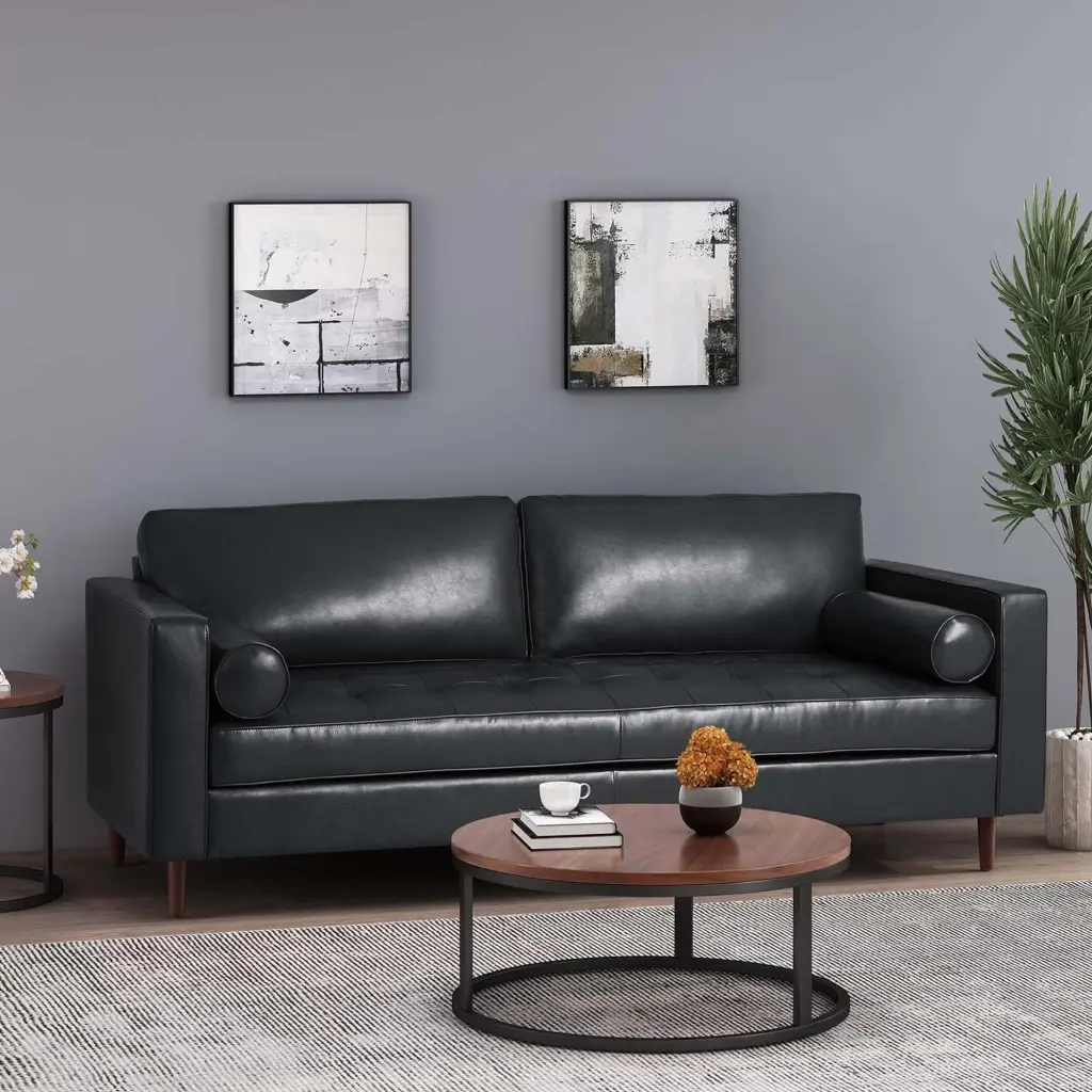Mirod 3-Seat Comfy Sofa Wooden Legs PU Leather Living Room and Study nh-mirod