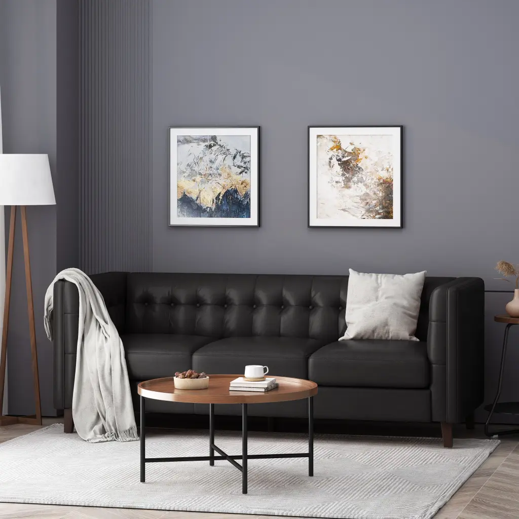 Mirod 3 Seat Sofa Tufted Back Modern Living Room Black Leather nh-mirod