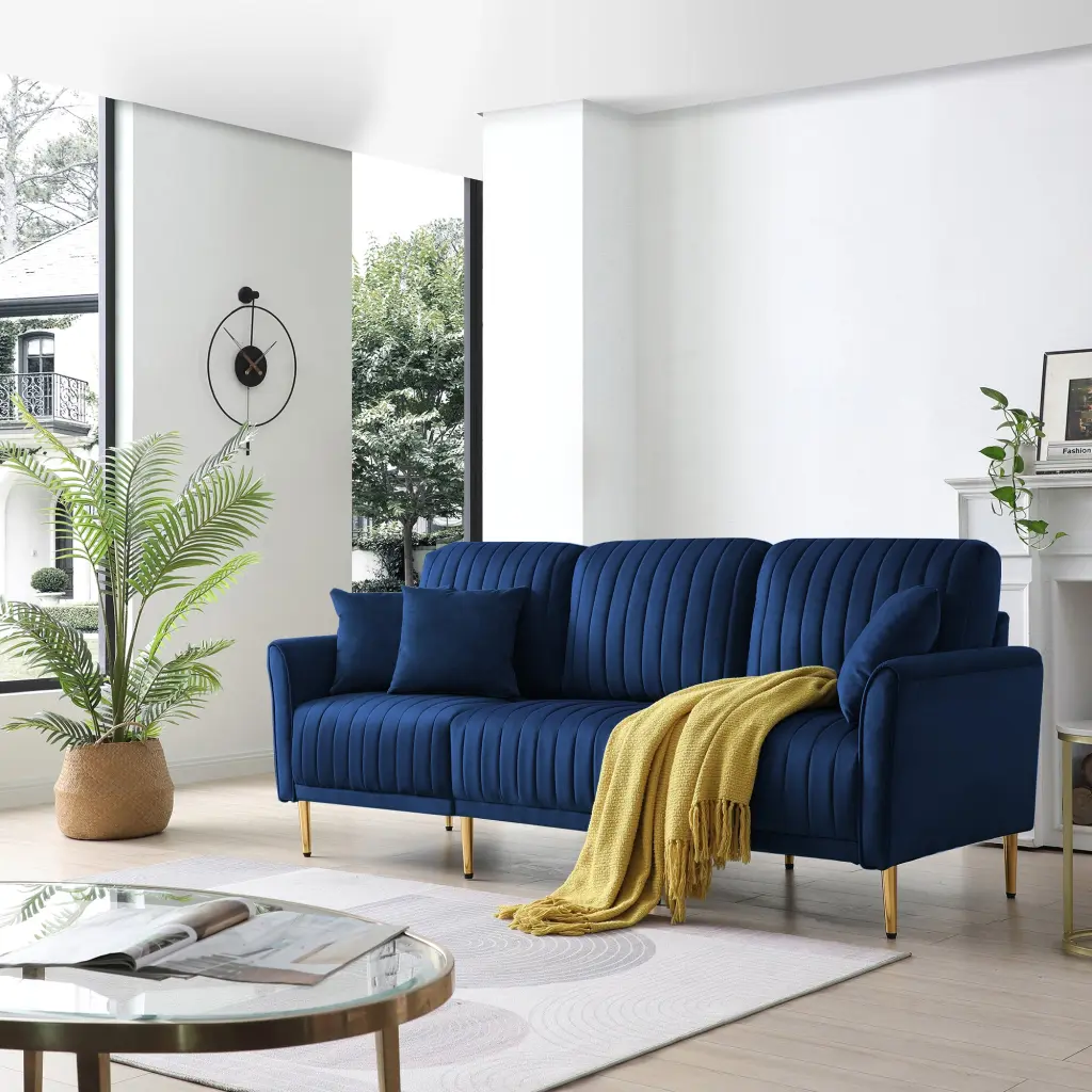 81.9 Inch Navy Blue Velvet Channel Tufted 3 Seater Sofa Scroll Arm Design ui furniture