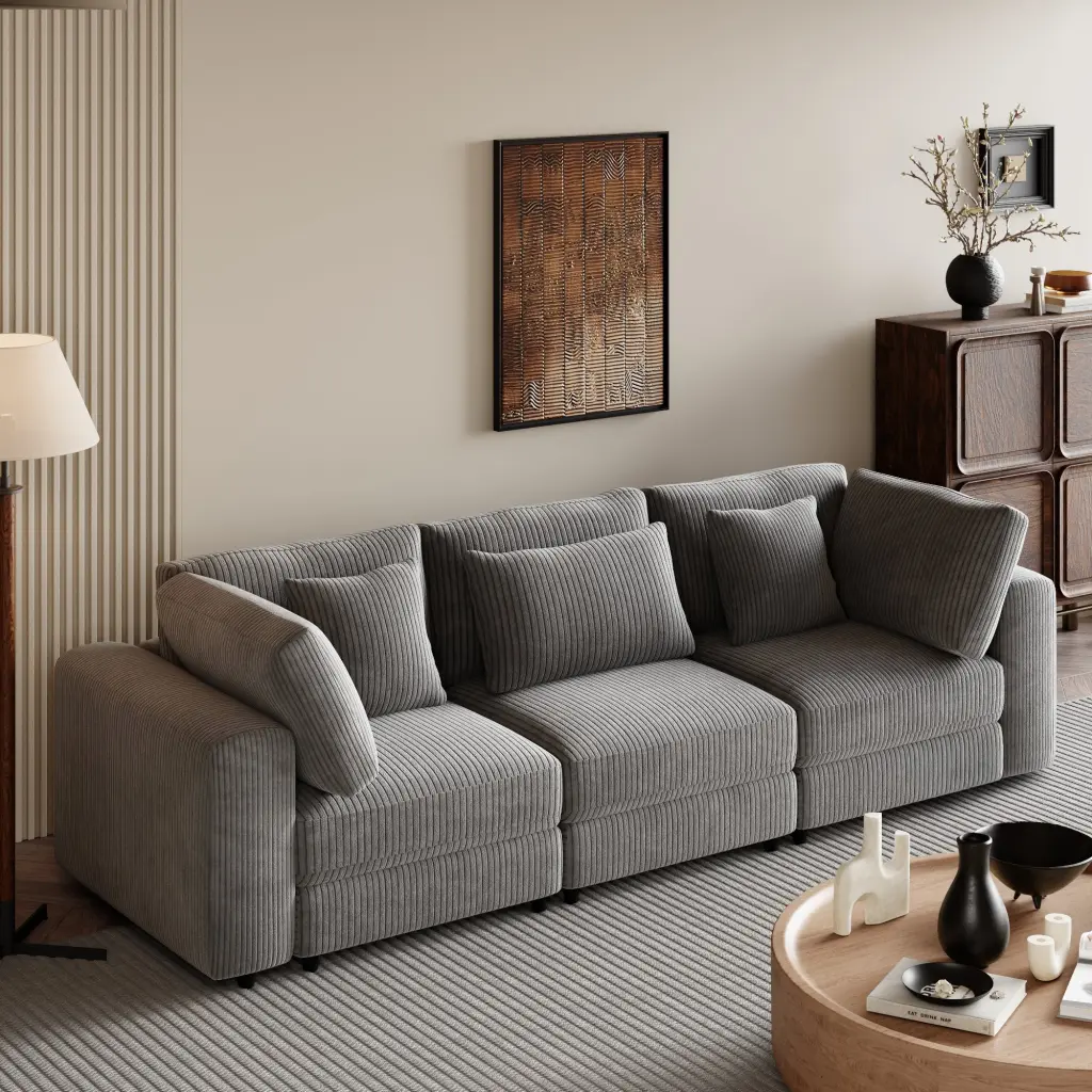 105 Inch 3 Seater Sofa Removable Back Cushions And 5 Pillows Living Room u_style