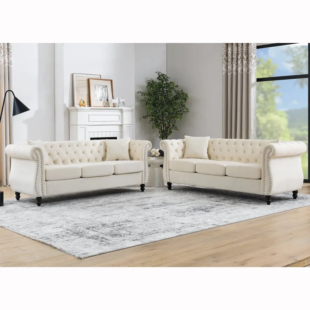 3 Seater Combination Sofa Beige Velvet Upholstered Modern Living Room Couch welike furniture