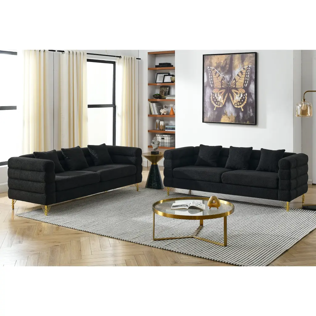 3 Seater Combination Sofa Black Teddy Fabric Primary Living Space Modern Design welike furniture