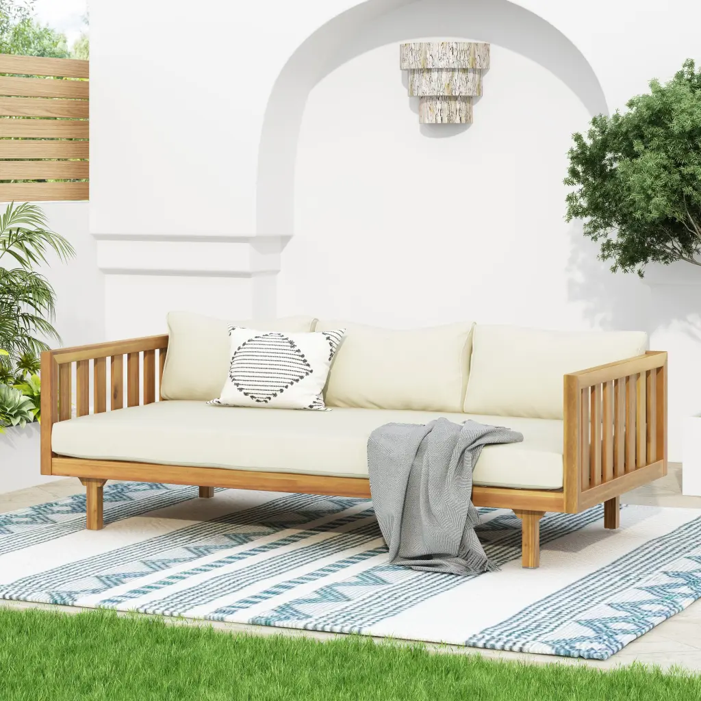 Claremont 3 Seater Daybed Beige Teak Timber Water Resistant Outdoor Indoor Sofa nh-cloudhouse