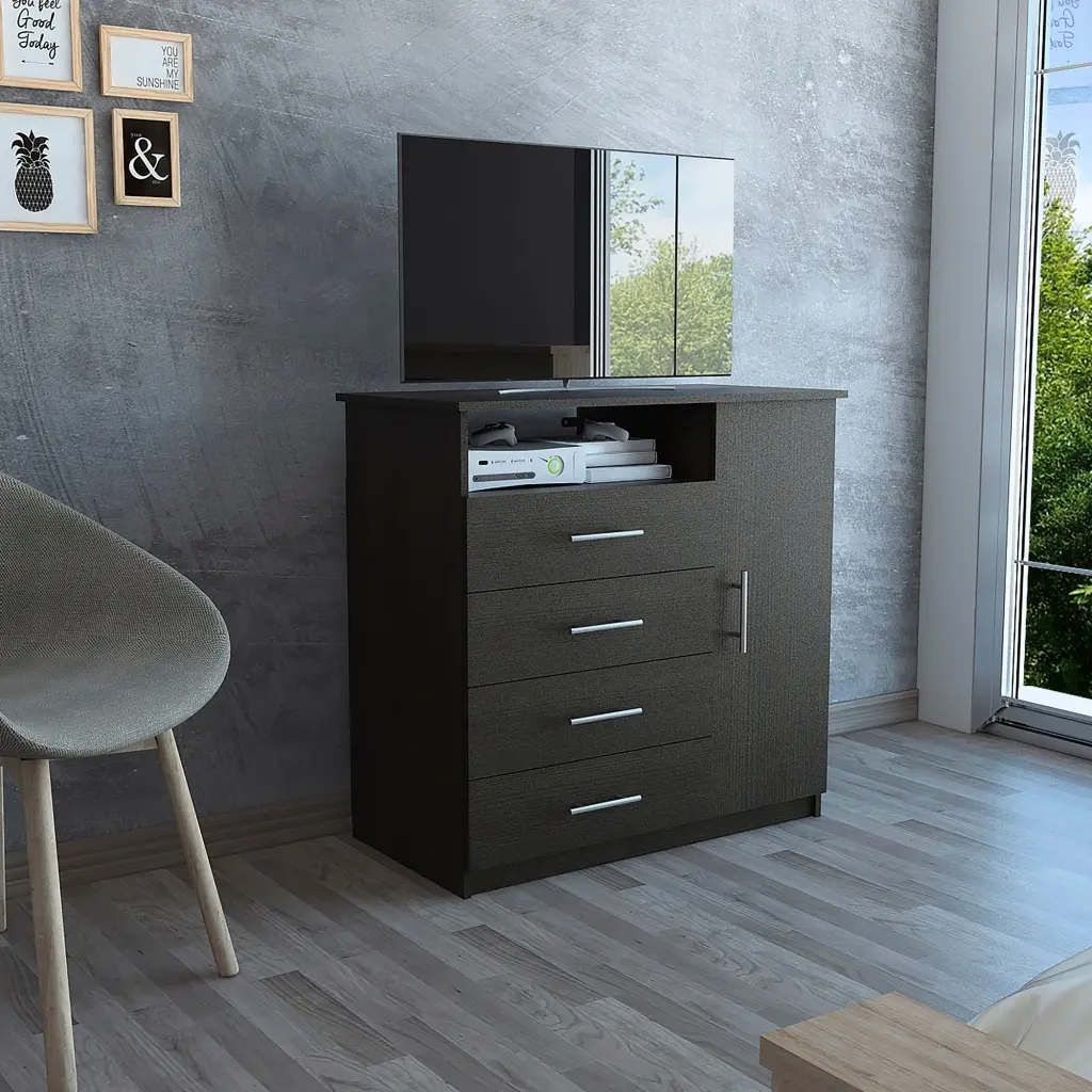 Black Wengue 4 Drawer 1 Shelf Dresser Primary Living Space furniture max