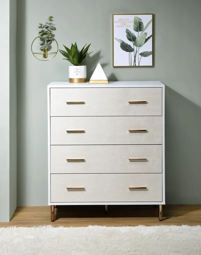 White And Gold 4 Drawer Chest Champagne Bedroom Dresser Wood Metal Combination furniture max