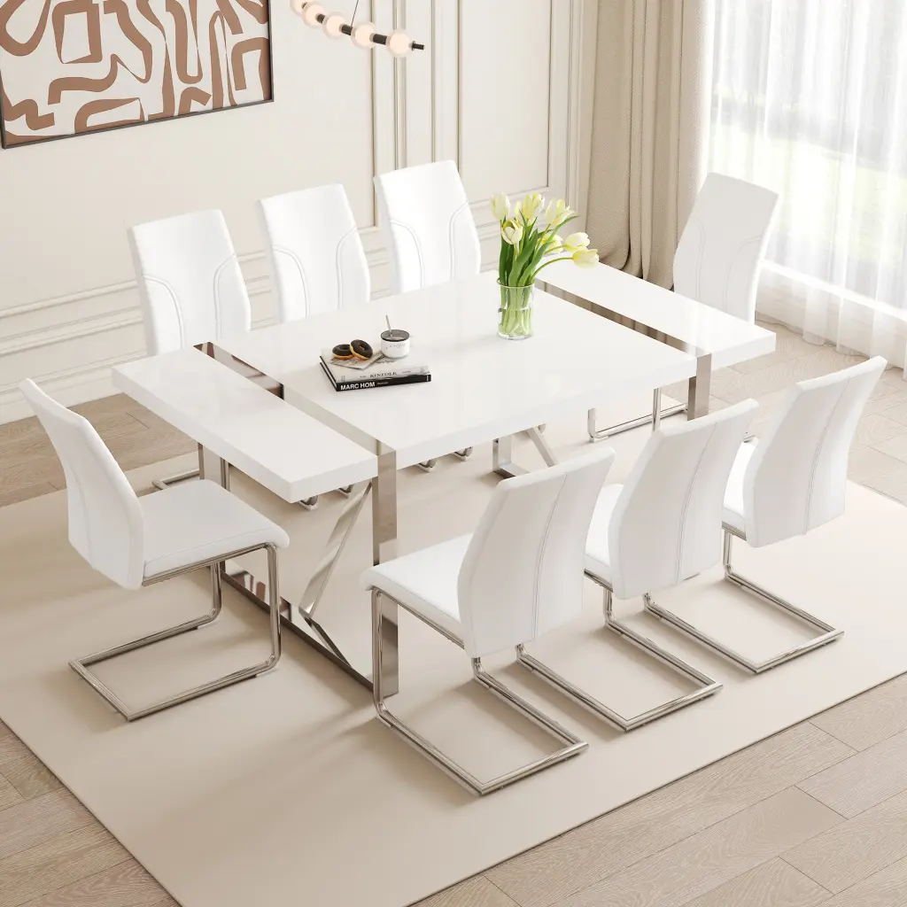 71 Inch White MDF Painting Dining Table Set Chairs 4 droom w-1151