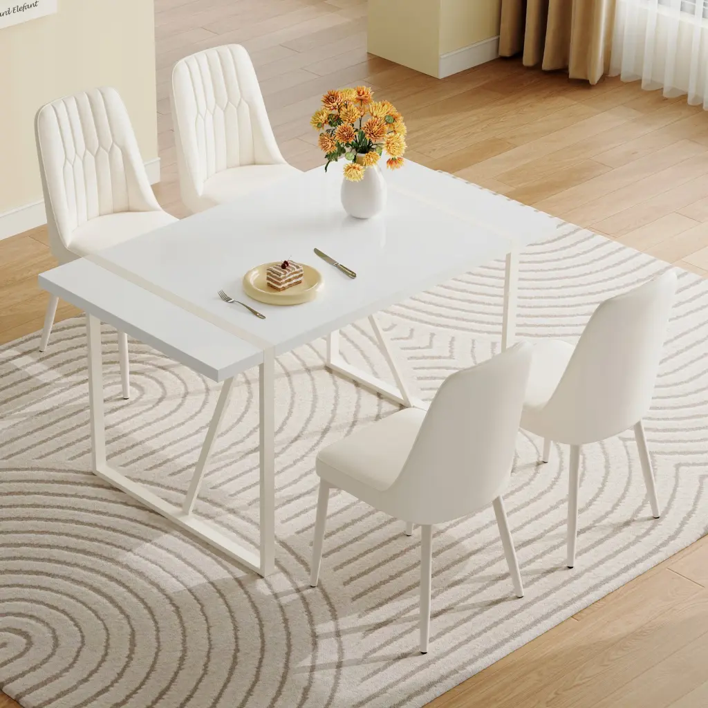 55 Inch Cream Style White MDF Dining Table Set 4 Armless Cream Chairs droom w-1151