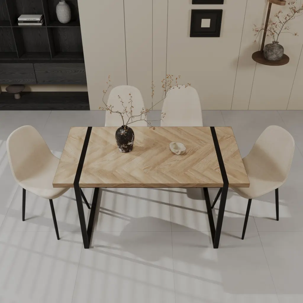 MDF Light Timber Dining Table and Modern Dining Chair Set 4 Pieces nuoli furniture