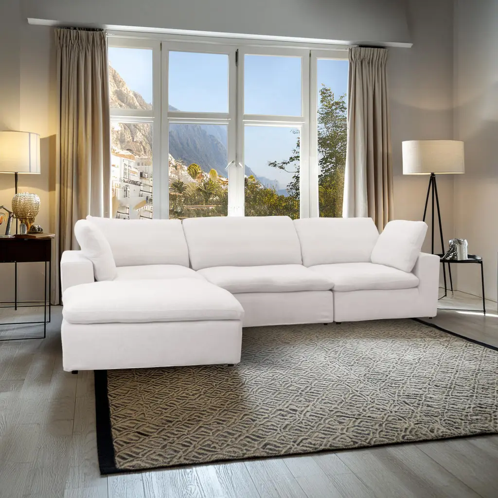 Harper Luxe White Sectional Sofa 4 Seat Configuration White Wood and Linen Fabric american homestead furniture