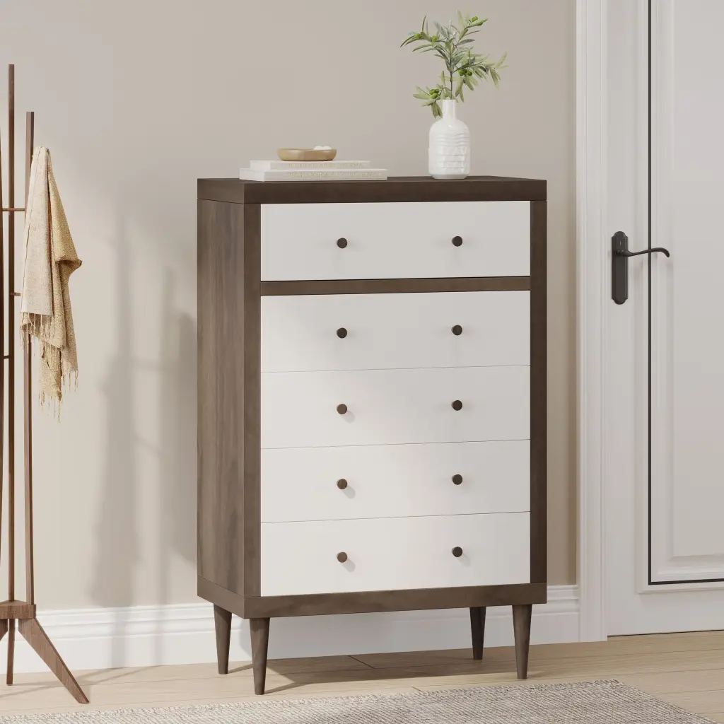 Nordic 5 Drawer Chest Walnut MDF Bedroom Storage nh-sunfay