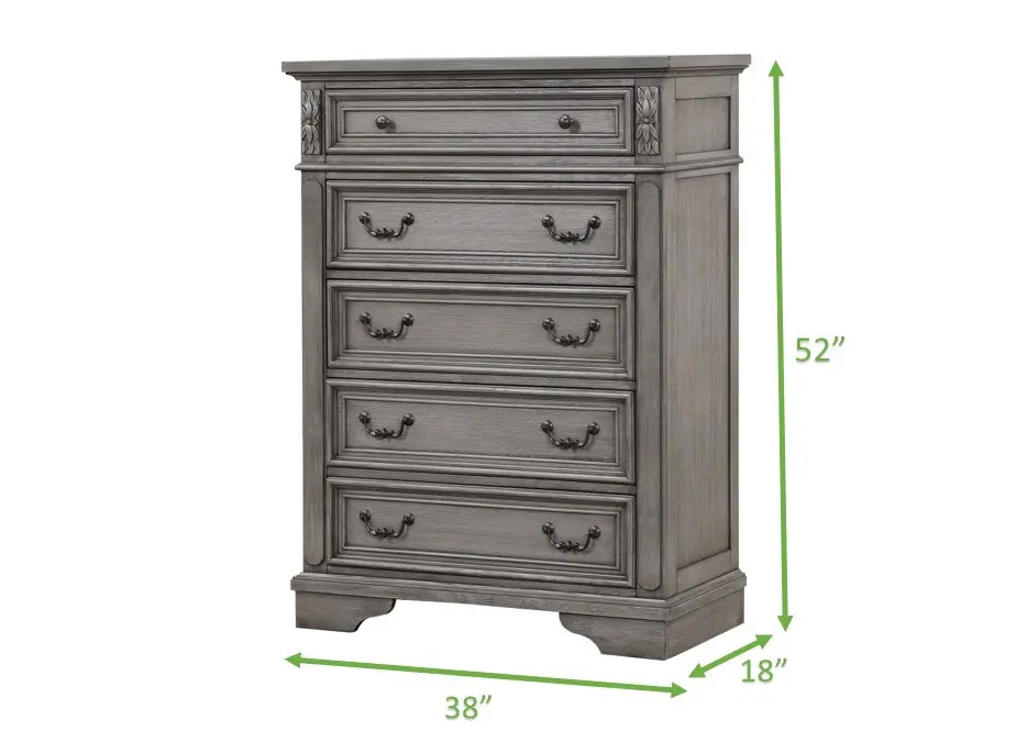 Grace Traditional Style 5 Drawer Chest Made Timber Rustic Gray galaxy home furnishings