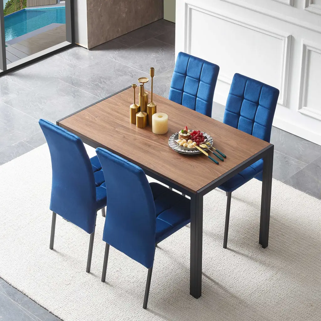 5 Piece Dining Set Including Blue Velvet High Back Nordic Dining Chair Modern Kitchen Furniture bn smart home w1164