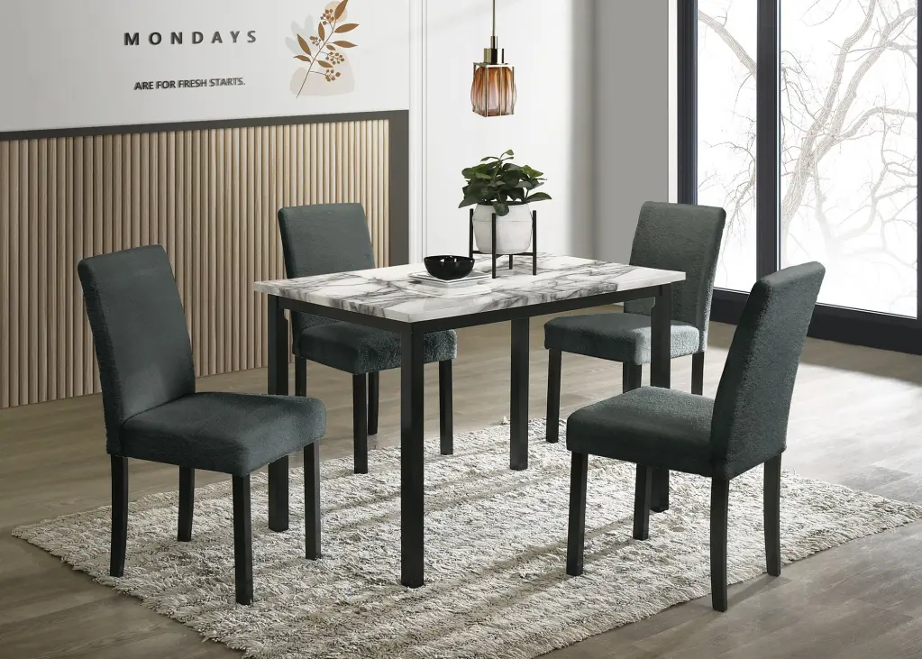 Charcoal Finish Wool Chairs Faux Marble Top Table 5Pc Dining Set Modern Kitchen Furniture kanepe