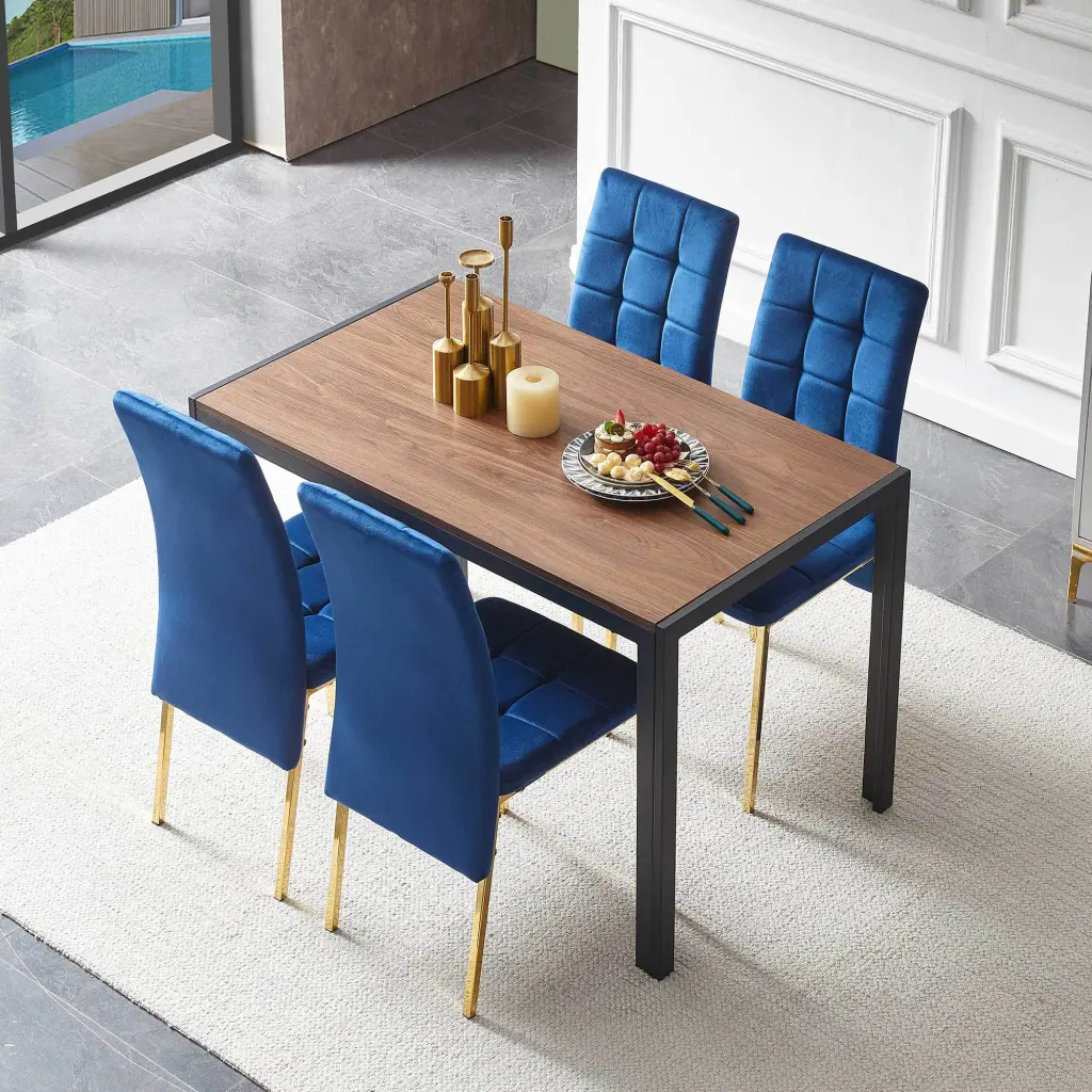 5 Piece Dining Set Blue Velvet High Back Chairs Golden Legs bn smart home w1164