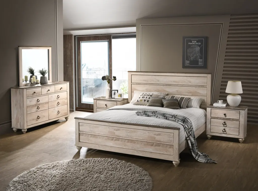 Imerland Contemporary White Wash Finish 5 Piece Bedroom Set King Bed Dresser Nightstand hz