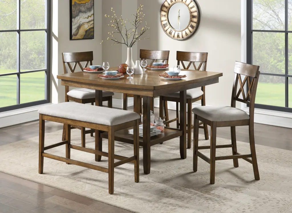 Contemporary 6Pc Dining Set Counter Height Table Bench And 4 Chairs Modern Kitchen kanepe