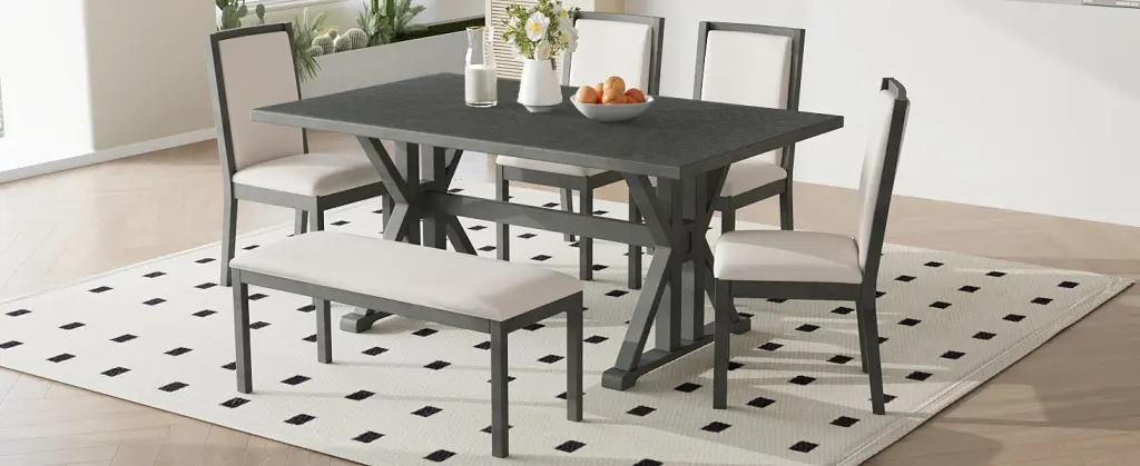 Farmhouse Classical 6 Piece Dining Table Set Trestle Legs Kitchen rnb