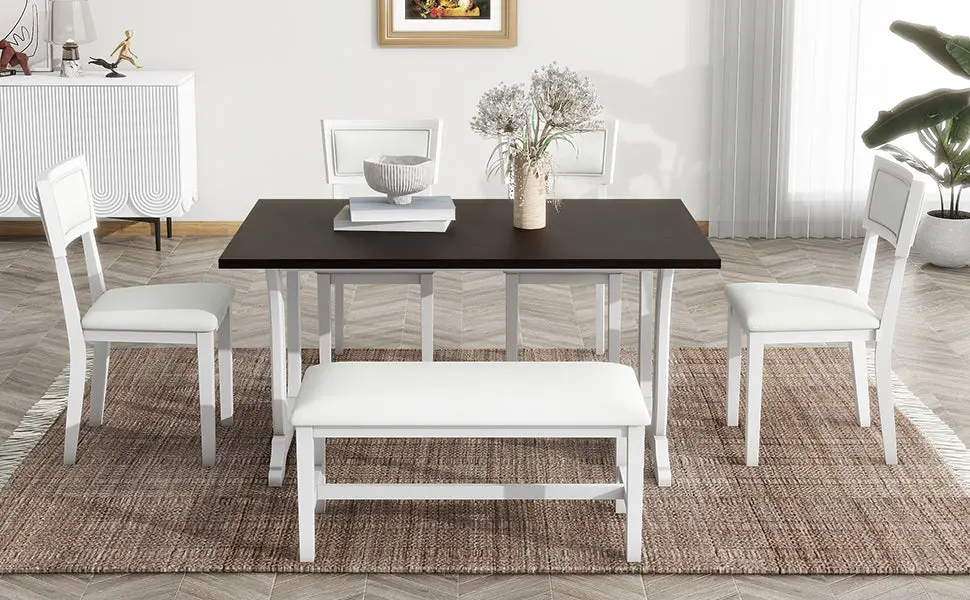 Farmhoutilize 6 Piece Trestle Dining Table Set Upholstered Chairs, Rustic Kitchen Furniture rnb