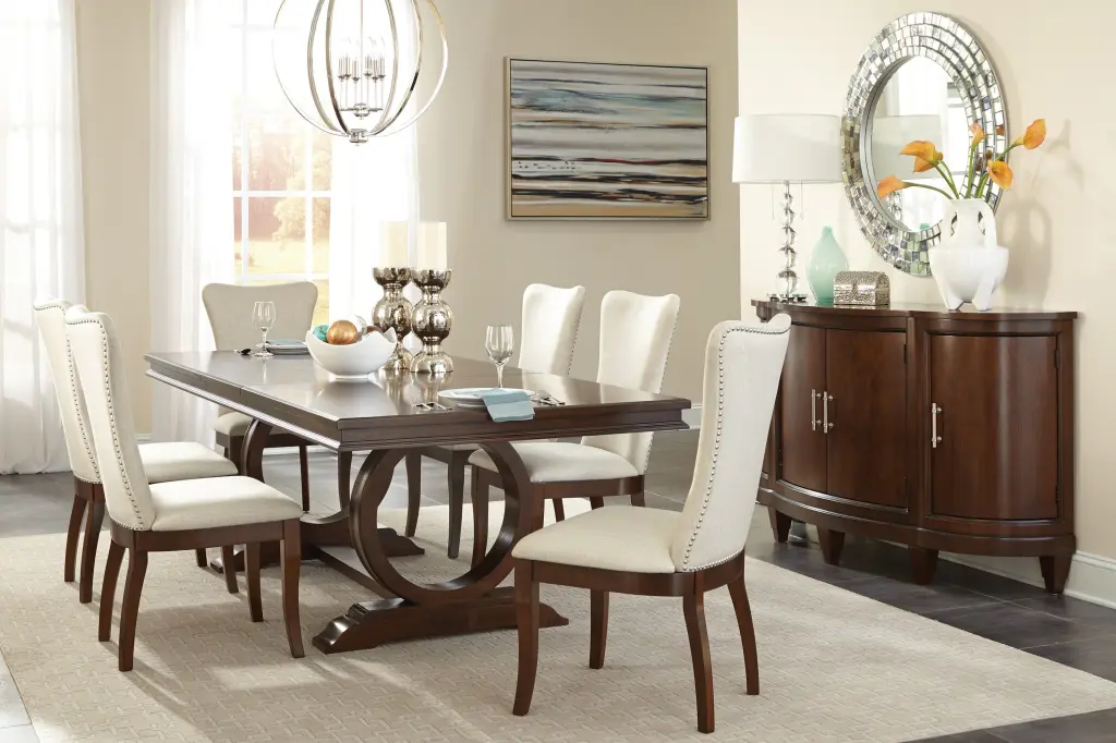 Modern Traditional 7 Piece Dining Set Table Extension Leaf And 6 Upholstered Chairs kanepe