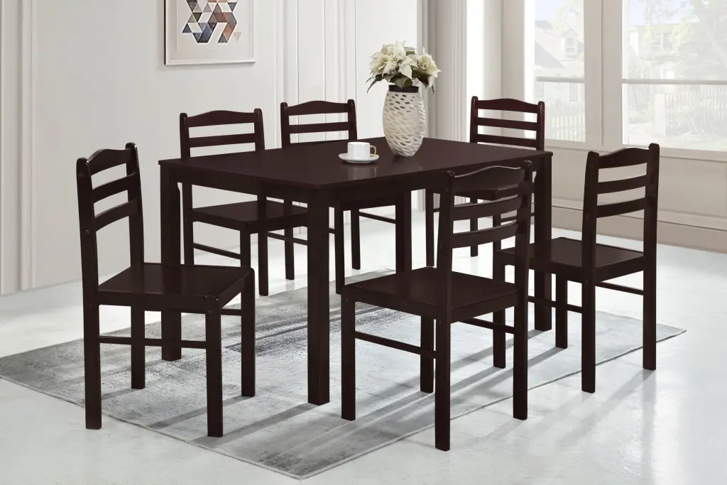7 Piece Dining Set Brown Finish Dining Table And 6 Chairs MDF And Solid Wood kanepe