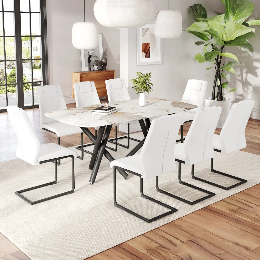 1 Table and 8 Chairs Set Rectangular Dining Table 0.39 Inch Top droom w-1151