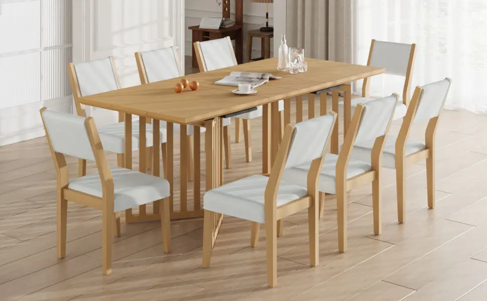 Farmhoutilize 9 Piece 83.9 Inch Extendable Dining Table Set 2 12 Inch Leaves topmax