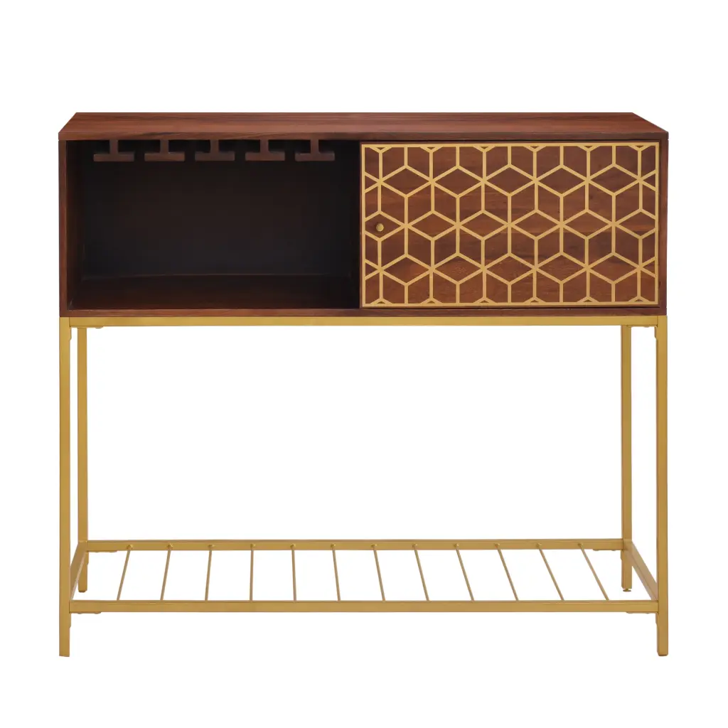 Kalyn 48 Inch Acacia Timber Bar Cabinet Metallic Frame Geometric Design royal hampton