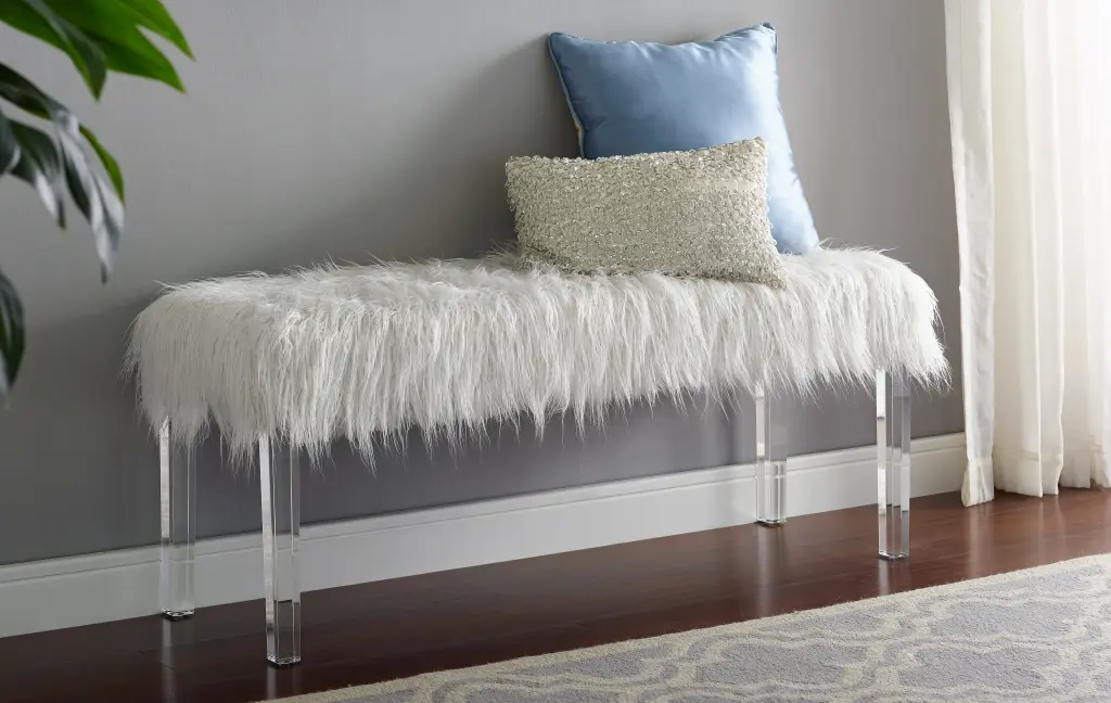 White Faux Fur Bench Acrylic Legs White Faux Fur hz