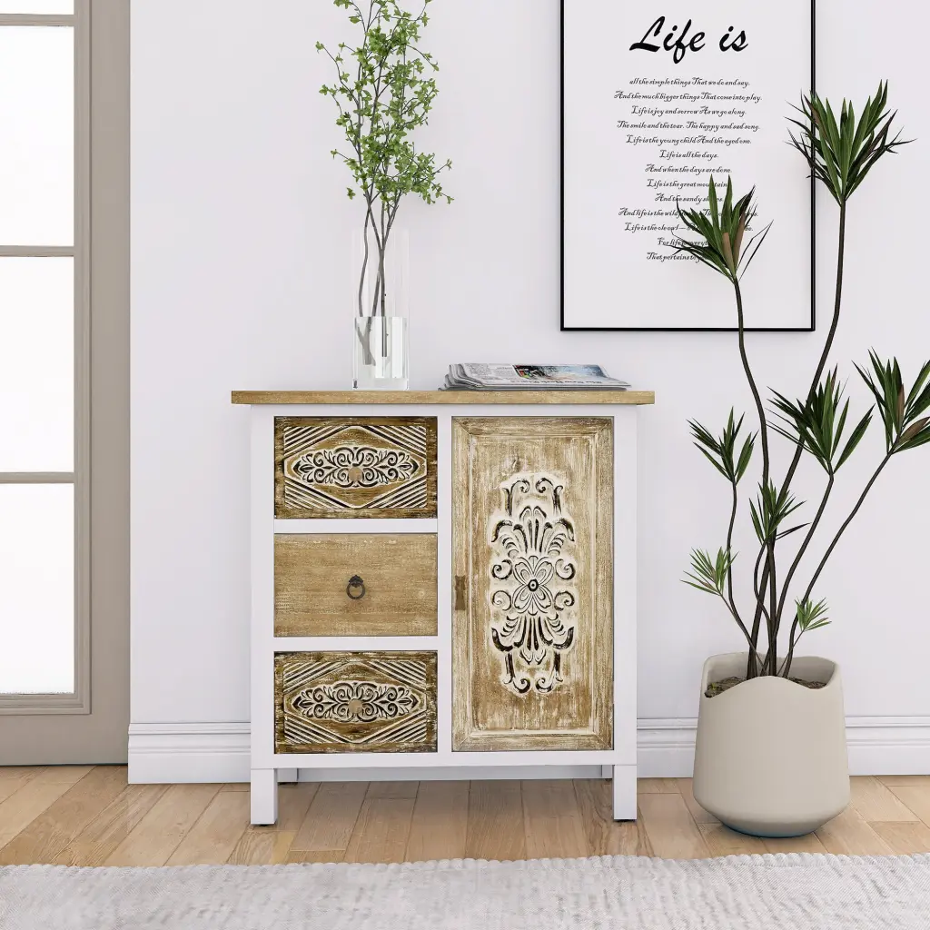 Hand Carved Accent Cabinet Vintage Charm Multi Functional Storage rnb