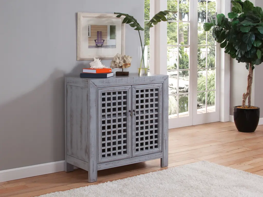 Farmhouse Style Accent Cabinet Lattice Work Front Distressed Grey Finish Storage steve silver furniture