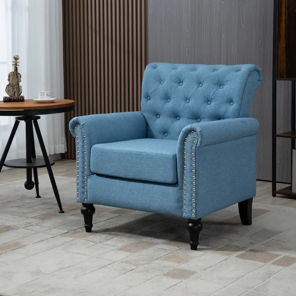 Mid Century Modern Accent Chair Linen Armchair Tufted Back Wood Legs aoao furniture-w1333