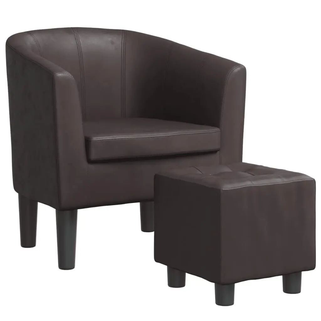Brown Faux Leather Tub Chair Footstool Modern Living Room Accent