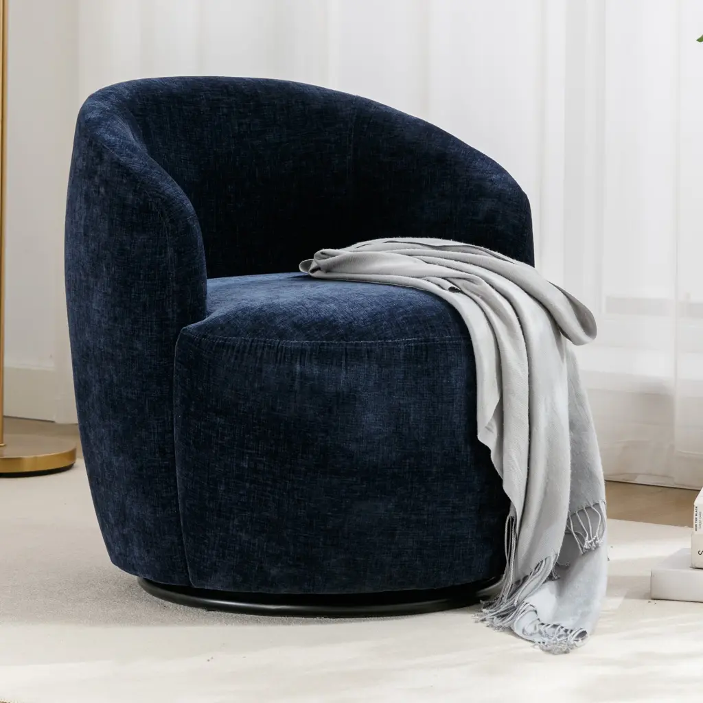 Chenille Fabric Swivel Accent Armchair Barrel Chair Black Powder Coated Base dg collection