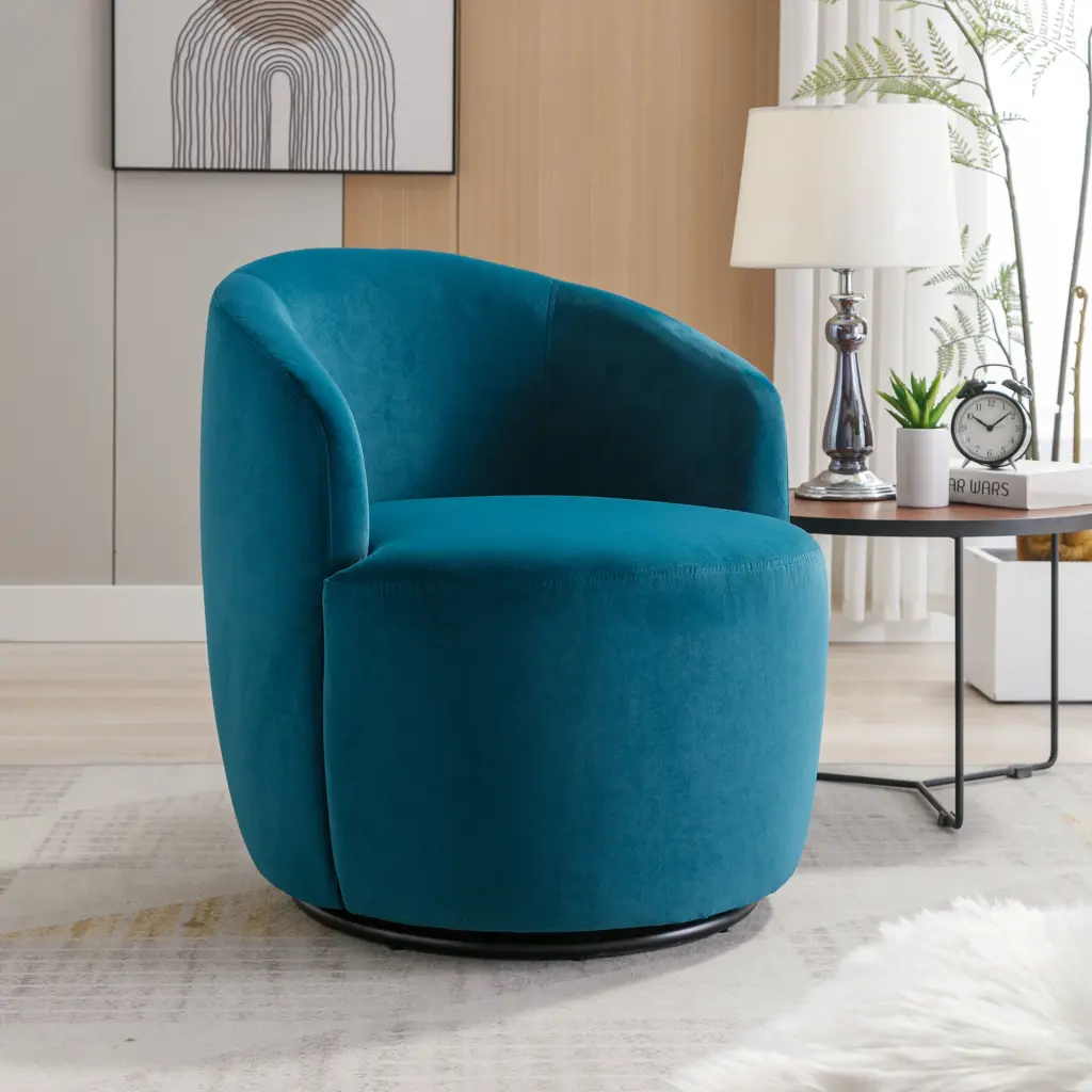 Velvet Fabric Swivel Accent Armchair Barrel Chair Black Powder Coated Base dg collection